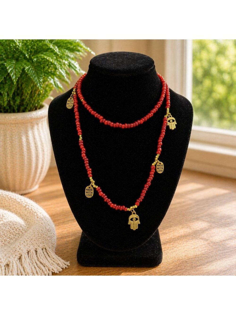 CC Skye Red Beaded Necklace With Gold Hamsa & Made With Love Charms 60 Inches Ha